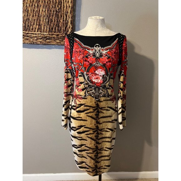 Roberto Cavalli Dress Long Sleeve Stretch Silk Animal Flowers Small Luxury $1250 - Picture 3 of 12